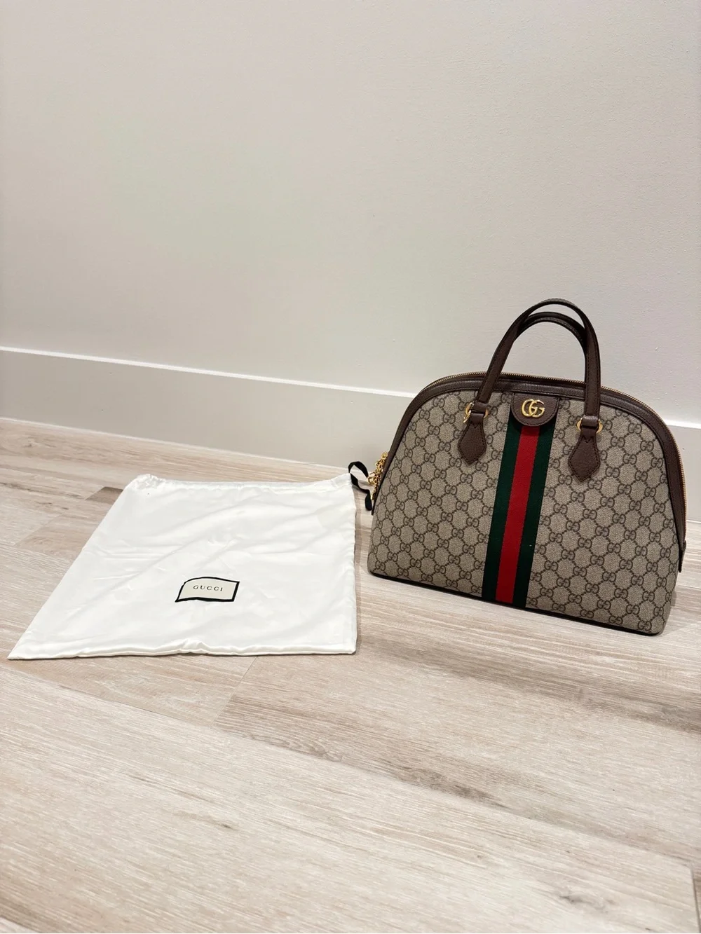 Gucci Brown/Beige GG Canvas Satchel with Green-Red Web Stripe